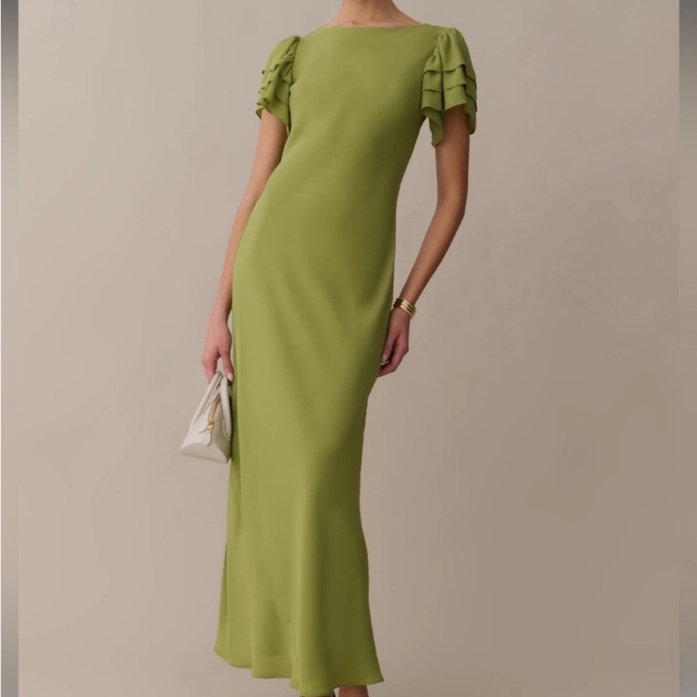 Olive Green Ruffle Sleeve Maxi Dress
